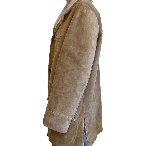 Vintage 80s Mens Aldens Tan Brown Suede Faux Shearling Lined Western Jacket 44R - Picture 9 of 11